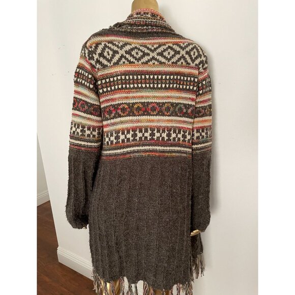 Adora Womens Aztec Boho Western chunky Knit Cardigan Sweater Fringe Hem M/L - Picture 2 of 11